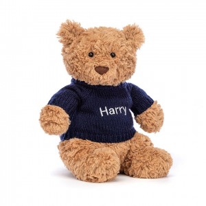 MEDIUM Jellycat Bartholomew Bear with Personalised Navy Jumper 28 CM X 12 CM | 845761QLU