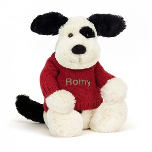 MEDIUM Jellycat Bashful Black & Cream Puppy with Personalised Red Jumper 31 CM X 12 CM | 714506EVH