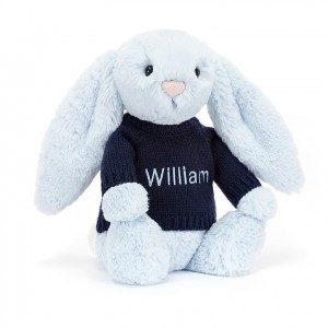 MEDIUM Jellycat Bashful Blue Bunny with Personalised Navy Jumper 31 CM X 12 CM | 495378EIF