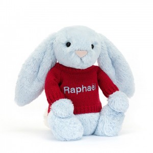 MEDIUM Jellycat Bashful Blue Bunny with Personalised Red Jumper 31 CM X 12 CM | 463792BSO