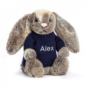 MEDIUM Jellycat Bashful Cottontail Bunny with Personalised Navy Jumper 31 CM X 12 CM | 964013EMO