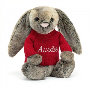 MEDIUM Jellycat Bashful Cottontail Bunny with Personalised Red Jumper 31 CM X 12 CM | 374508PWA