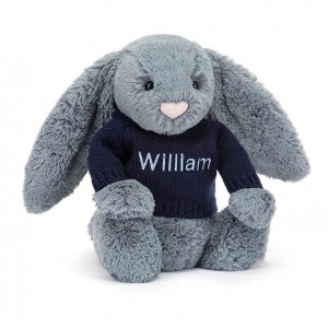 MEDIUM Jellycat Bashful Dusky Blue Bunny with Personalised Navy Jumper 31 CM X 12 CM | 890542HJF