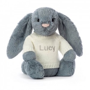 MEDIUM Jellycat Bashful Dusky Blue Bunny with Personalised Cream Jumper 31 CM X 12 CM | 235709VZN