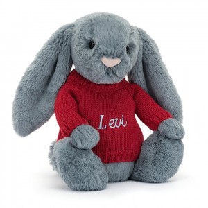 MEDIUM Jellycat Bashful Dusky Blue Bunny with Personalised Red Jumper 31 CM X 12 CM | 301529YEH