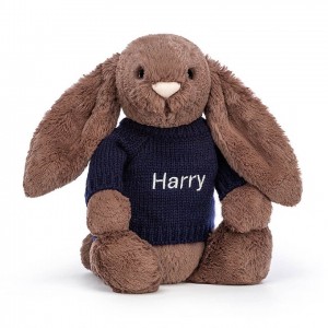 MEDIUM Jellycat Bashful Fudge Bunny with Personalised Navy Jumper 31 CM X 12 CM | 234716HRE
