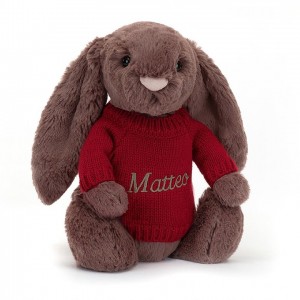 MEDIUM Jellycat Bashful Fudge Bunny with Personalised Red Jumper 31 CM X 12 CM | 721896WME