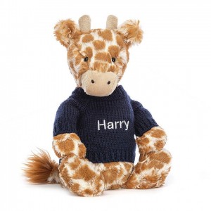 MEDIUM Jellycat Bashful Giraffe with Personalised Navy Jumper 31 CM X 12 CM | 654127HEK