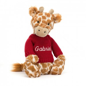 MEDIUM Jellycat Bashful Giraffe with Personalised Red Jumper 31 CM X 12 CM | 869253GBU