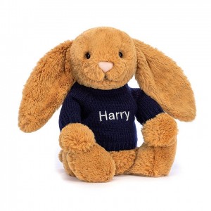 MEDIUM Jellycat Bashful Golden Bunny with Personalised Navy Jumper 31 CM X 12 CM | 564089NHQ