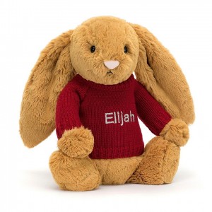 MEDIUM Jellycat Bashful Golden Bunny with Personalised Red Jumper 31 CM X 12 CM | 520439AJU