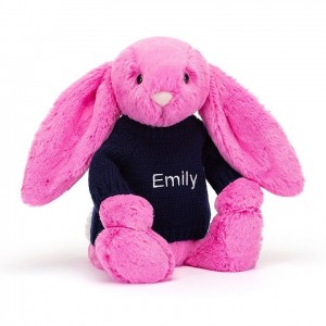 MEDIUM Jellycat Bashful Hot Pink Bunny with Personalised Navy Jumper 31 CM X 12 CM | 621804FVH