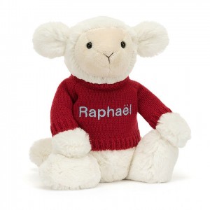 MEDIUM Jellycat Bashful Lamb with Personalied Red Jumper 31 CM X 12 CM | 601783NDI