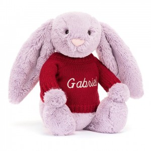MEDIUM Jellycat Bashful Lilac Bunny with Personalised Red Jumper 31 CM X 12 CM | 528063HEG