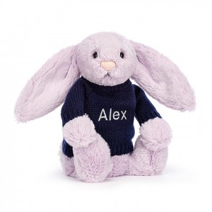 MEDIUM Jellycat Bashful Lilac Bunny with Personalised Navy Jumper 31 CM X 12 CM | 783092JLU