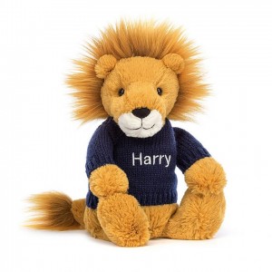 MEDIUM Jellycat Bashful Lion with Personalised Navy Jumper 31 CM X 12 CM | 326187DVO