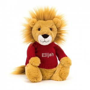 MEDIUM Jellycat Bashful Lion with Personalised Red Jumper 31 CM X 12 CM | 927568DTF