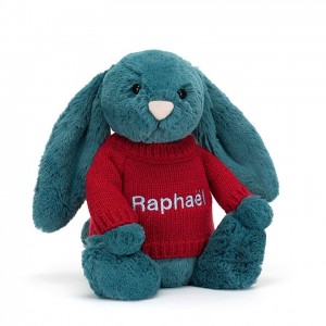MEDIUM Jellycat Bashful Mineral Blue Bunny with Personalised Red Jumper 31 CM X 12 CM | 742180WTJ