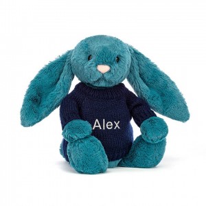 MEDIUM Jellycat Bashful Mineral Blue Bunny with Personalised Navy Jumper 31 CM X 12 CM | 247869RFW