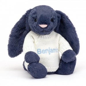 MEDIUM Jellycat Bashful Navy Bunny with Personalised Cream Jumper 31 CM X 12 CM | 760148OQM
