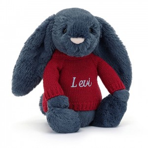 MEDIUM Jellycat Bashful Navy Bunny with Personalised Red Jumper 31 CM X 12 CM | 519706HNL