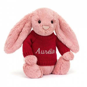 MEDIUM Jellycat Bashful Petal Bunny with Personalised Red Jumper 31 CM X 12 CM | 137890YHJ