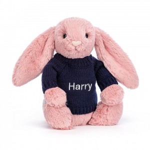 MEDIUM Jellycat Bashful Petal Bunny with Personalised Navy Jumper 31 CM X 12 CM | 675830WNK