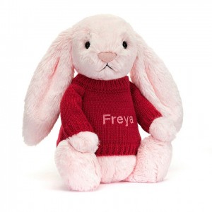 MEDIUM Jellycat Bashful Pink Bunny with Personalised Red Jumper 31 CM X 12 CM | 512673KVN