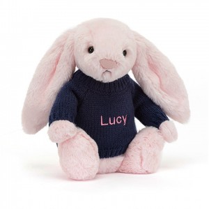 MEDIUM Jellycat Bashful Pink Bunny with Personalised Navy Jumper 31 CM X 12 CM | 954638AVR