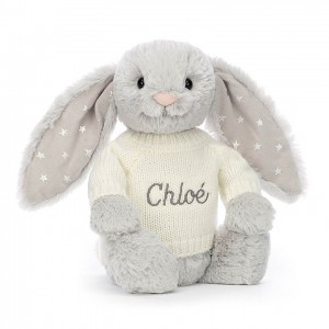 MEDIUM Jellycat Bashful Shimmer Bunny with Personalised Cream Jumper 31 CM X 12 CM | 143769ZSE
