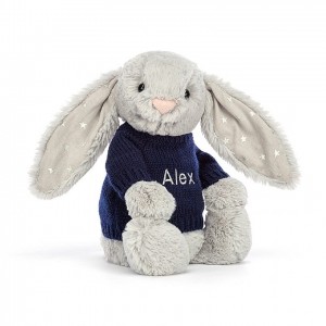 MEDIUM Jellycat Bashful Shimmer Bunny with Personalised Navy Jumper 31 CM X 12 CM | 351289WAH