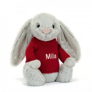 MEDIUM Jellycat Bashful Shimmer Bunny with Personalised Red Jumper 31 CM X 12 CM | 687493MHW