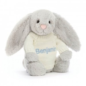 MEDIUM Jellycat Bashful Silver Bunny with Personalised Cream Jumper 31 CM X 12 CM | 713582CSB