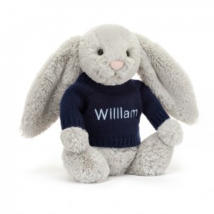 MEDIUM Jellycat Bashful Silver Bunny with Personalised Navy Jumper 31 CM X 12 CM | 634291GNO