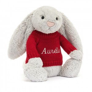 MEDIUM Jellycat Bashful Silver Bunny with Personalised Red Jumper 31 CM X 12 CM | 270941PNM