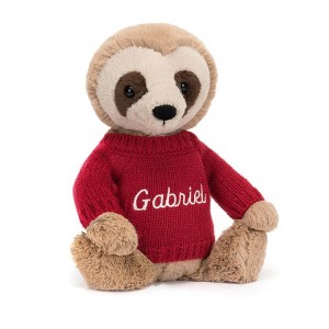 MEDIUM Jellycat Bashful Sloth with Personalised Red Jumper 28 CM X 12 CM | 278130LZR
