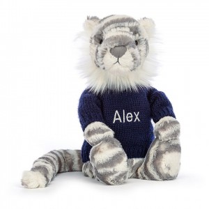 MEDIUM Jellycat Bashful Snow Tiger with Personalised Navy Jumper 31 CM X 12 CM | 083941ARP