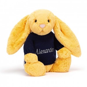 MEDIUM Jellycat Bashful Sunshine Bunny with Personalised Navy Jumper 31 CM X 12 CM | 618523SRW