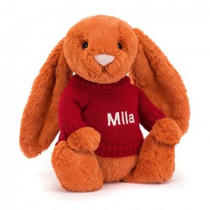 MEDIUM Jellycat Bashful Tangerine Bunny with Personalised Red Jumper 31 CM X 12 CM | 507684QAR