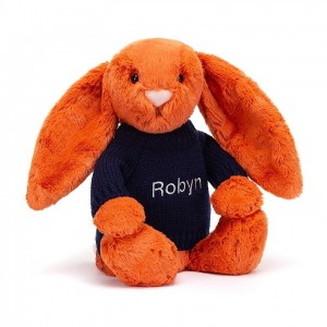 MEDIUM Jellycat Bashful Tangerine Bunny with Personalised Navy Jumper 31 CM X 12 CM | 905168UQW