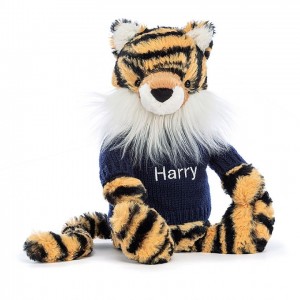 MEDIUM Jellycat Bashful Tiger with Personalised Navy Jumper 31 CM X 12 CM | 961574KZT