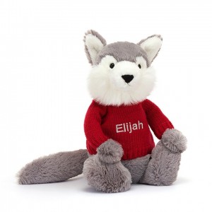 MEDIUM Jellycat Bashful Wolf with Personalised Red Jumper 31 CM X 12 CM | 368042DSU