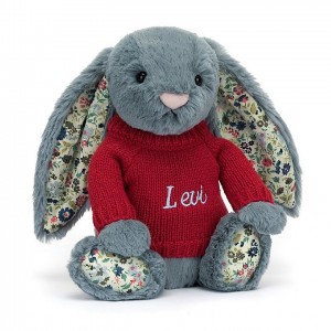 MEDIUM Jellycat Blossom Dusky Blue Bunny with Personalised Red Jumper 31 CM X 12 CM | 206845EGH