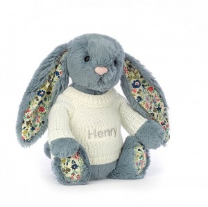 MEDIUM Jellycat Blossom Dusky Blue with Personalised Cream Jumper 31 CM X 12 CM | 049625DKT