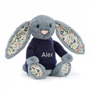 MEDIUM Jellycat Blossom Dusky Blue with Personalised Navy Jumper 31 CM X 12 CM | 782041RSV